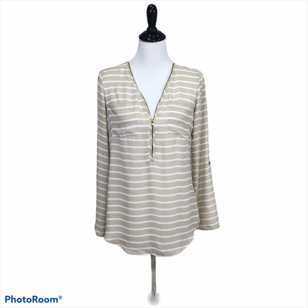 Zac & Rachel 1/4 zip collarless long sleeve tan with white stripes blouse